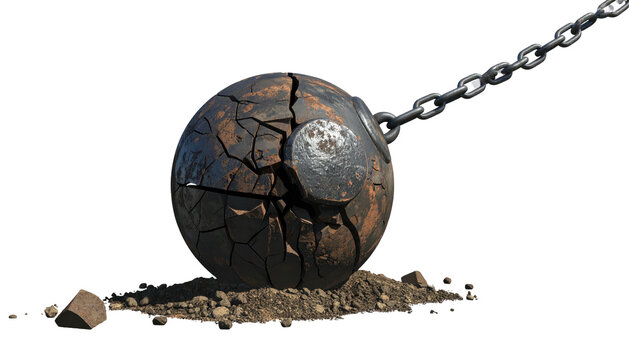 A weathered, cracked metal ball attached to a chain, resting on dirt