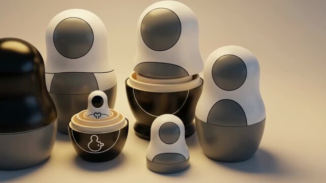 A collection of stylized nesting dolls, each with a unique design and color scheme, arranged on a surface.