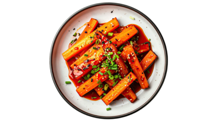 Plate of glazed carrots with sesame seeds and green onions on black backdrop