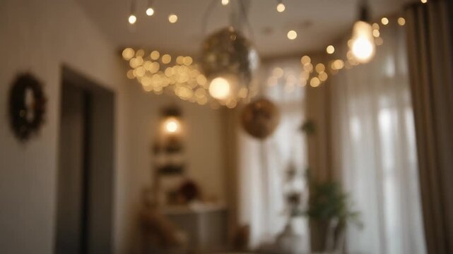 Interior scene: close-up of a cozy room decorated with fairy-lights and New Year decor, slow rack focus from lights to blurred background, warm tones, 4K &mdash; usable as mood-setting footage