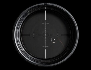 Close-up of a black circular optical device's interior, showcasing a crosshair reticle with markings. A red line indicates path