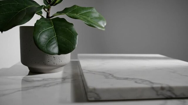 A potted plant stands on a marble table against a gray background