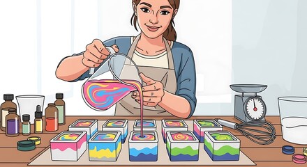Woman making colorful soap bars.