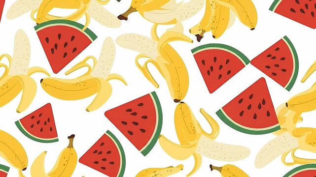 Bright Yellow Bananas Watermelon Slices Pattern Loop White Background
