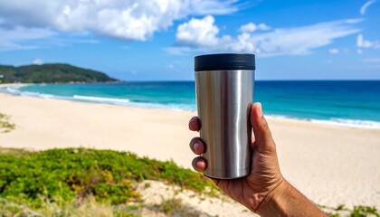 A person's hand holds a stainless steel tumbler against a stunning background. White sand, ocean waves, and blue sky
