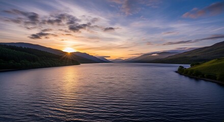 Obraz premium Serene Lake at Sunset with Mountains.