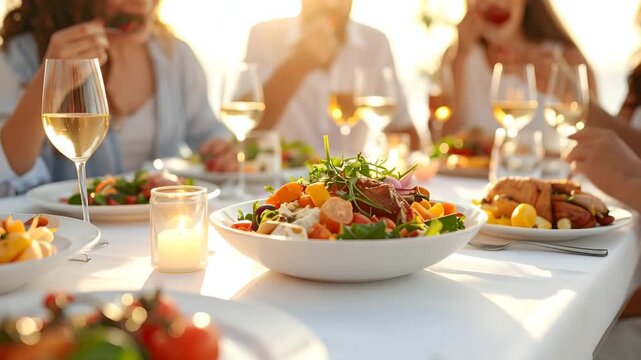 Delicious salad served at elegant dinner party with wine