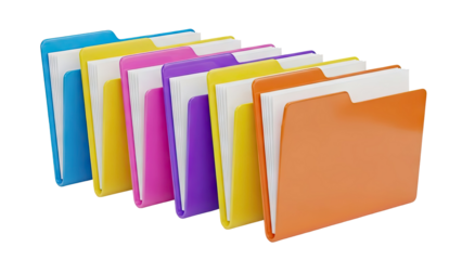 3D Colorful document folders with paper on transparent background
