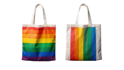 Two rainbow colored tote bags on black background