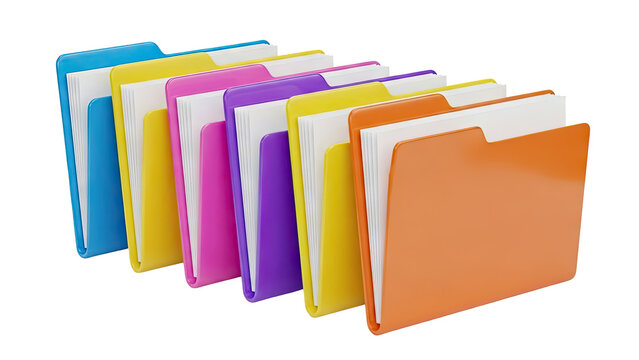 3D Colorful document folders with paper on transparent background