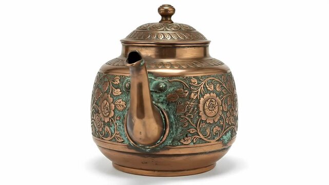 Antique Copper Tea Pot With Ornate Floral Pattern And Verdigris Patina Isolated