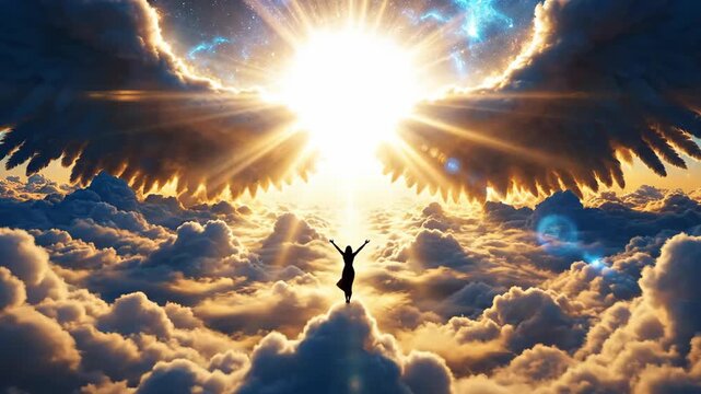 Glowing angel wings opening in the sky, radiant light above clouds, and a human silhouette reaching upward. Concept of faith, hope, ascension, and spirituality.