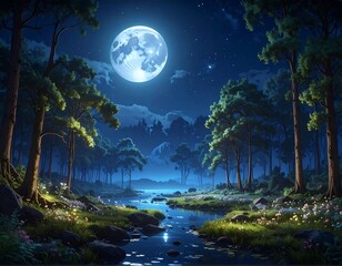 Serene nighttime scene with a glowing moon over a lush forest