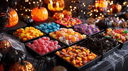 Dark-style Halloween candy display, colorful candies in black trays, pumpkin-shaped candies, spider web decorations, dark background with warm light