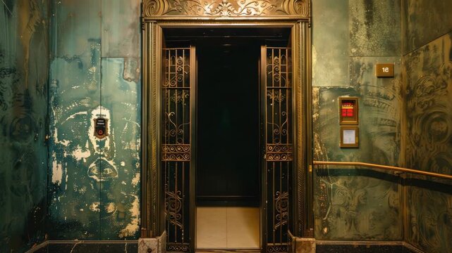 Vintage bronze elevator doors in worn, textured wall