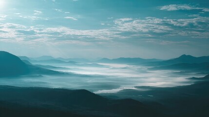 misty mountain valley with sea of clouds, soft sunlight, cinematic landscape, no people 