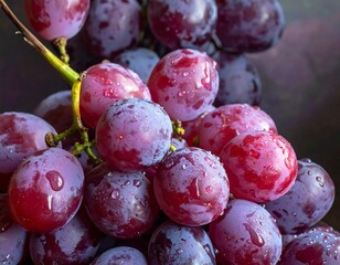 Close-up of a bunch of ripe, juicy, purple grapes with glistening water droplets