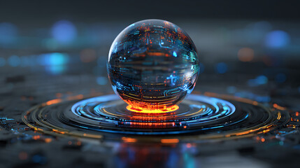 A macro close-up of a clear blue water droplet creating a ripple on dark liquid glass with an abstract reflection of light and clean rain motion