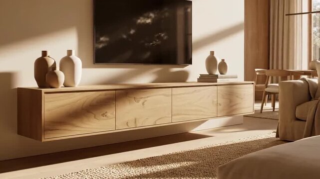 Elegant Modern Living Room D?cor with Wooden Cabinet, Minimalistic Furniture Design