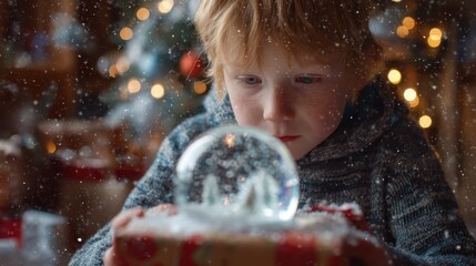 A boy looks closely at a snow globe while sitting indoors. The room is decorated for a winter holiday. Lights twinkle in the background. It is a joyful moment.