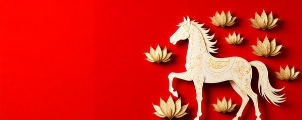 Elegant White Horse Decoration with Gold Lotus on Red Background