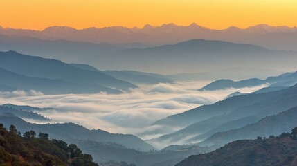 mountain peaks above morning fog, dramatic sunrise sky, wide angle nature photography, no people 