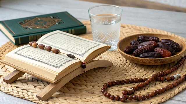An arrangement of the holy quran, dates, and water, signifying ramadan fasting