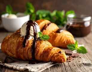 Close-up of croissants, ice cream, chocolate sauce, and garnish