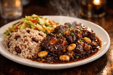delicious Jamaican signature dish Oxtail with rice and peas
