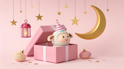Adorable sheep figurine emerging from a festive pink gift box under hanging stars and a golden moon