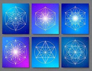 Six colorful geometric shapes with celestial sparkle in each