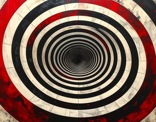 Spiraling abstract composition of concentric red, black, and white rings