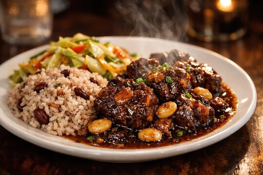 delicious Jamaican signature dish Oxtail with rice and peas