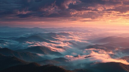 mountain ridge floating above thick fog, warm sunrise glow, epic cinematic view