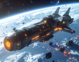 Large space vessel cruising over a blue planet with asteroid field