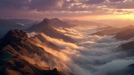 mountain ridge floating above thick fog, warm sunrise glow, epic cinematic view