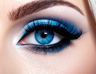 Obraz premium Close-up of a vibrant blue-eyed woman with dramatic eye makeup