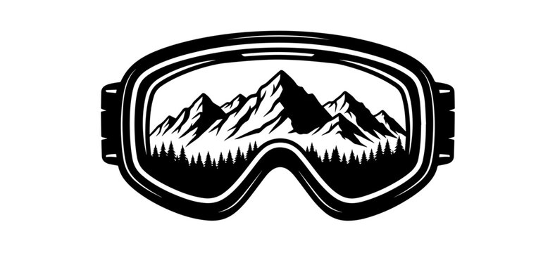 A bold black and white vector illustration of ski goggles reflecting a jagged mountain range and dense pine forest silhouette within the lens