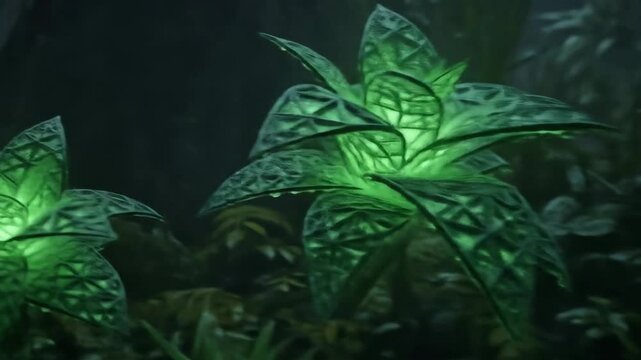 A glowing, geometric plant with intricate leaf patterns stands out against a blurred, dark forest background.