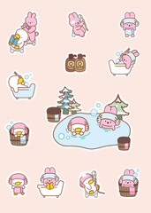 set of funny cartoon animals, element cute cartoon animals , set stickers of bunny and duck, set of cute showers 