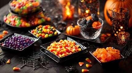 Dark-style Halloween candy display, colorful candies in black trays, pumpkin-shaped candies, spider web decorations, dark background with warm light