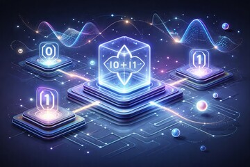 3D semi-realistic illustration of quantum computing, with glowing qubit symbols, layered circuit platforms, probability waves, and abstract particles floating in space.