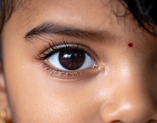 Close-up of a child's eye, with long lashes, reflecting light and a tiny red dot above the brow. Skin tones are warm