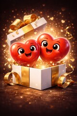 3D semi-realistic illustration of two anthropomorphic hearts emerging from a gift box, rich glossy red textures, confident joyful expressions, strong rounded 3D depth, metallic ribbon details