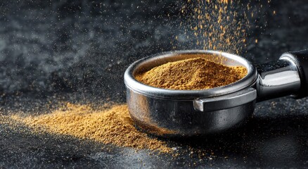 Close up of coffee grounds in a portafilter against a dark backdrop