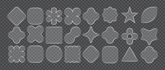 Many glossy glass shapes with silver frames are displayed on a transparent checkered background