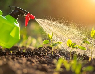 Close-up of green watering can spraying seedlings on a sunny day