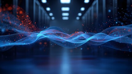 Abstract Blue Technology Wave Background With Light Particles 