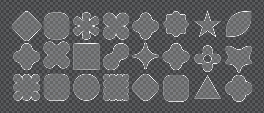 Many glossy glass shapes with silver frames are displayed on a transparent checkered background