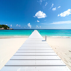 Fototapeta premium White wooden pier leading to turquoise ocean and white sand beach under blue sky image photo